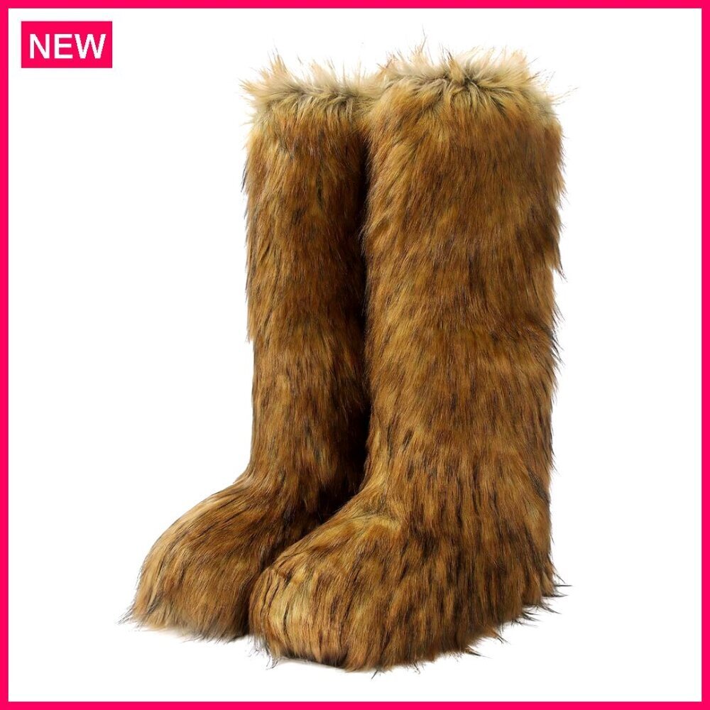 Faux Fur Winter Snow Boots Women's Tall Wide Calf Knee High Warm Shoes